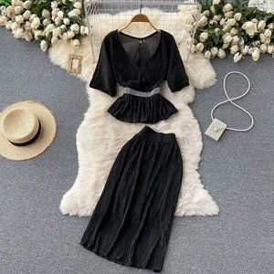 Beading Draped Two Piece Set Elegant V-Neck Short Sleeve Pleated Skirt Set